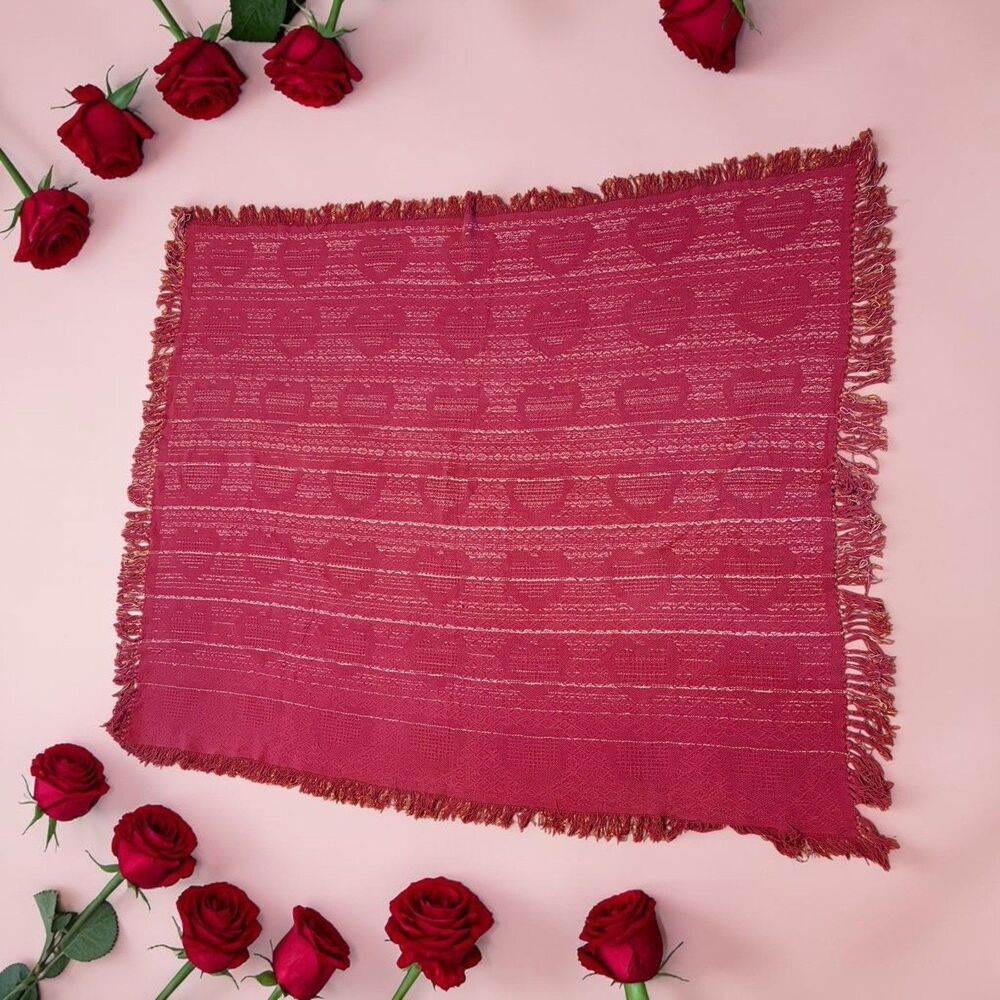 Brick Red Afghan Throw 64”x50” Woven Cotton Heart Pattern VTG